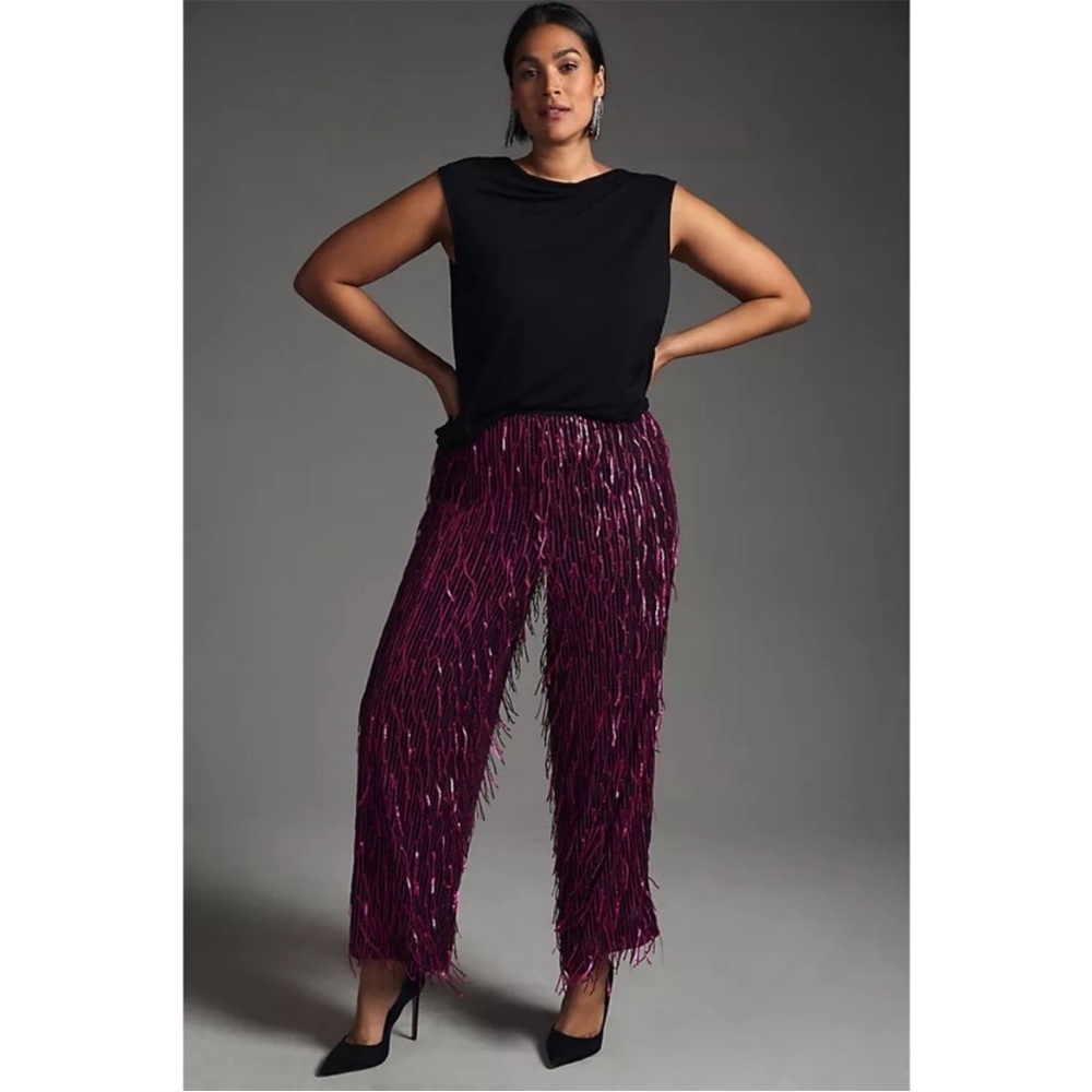 Anthropologie Maeve Sequin Fringe Wide Leg Pants Plum Petite 0 Holiday Party